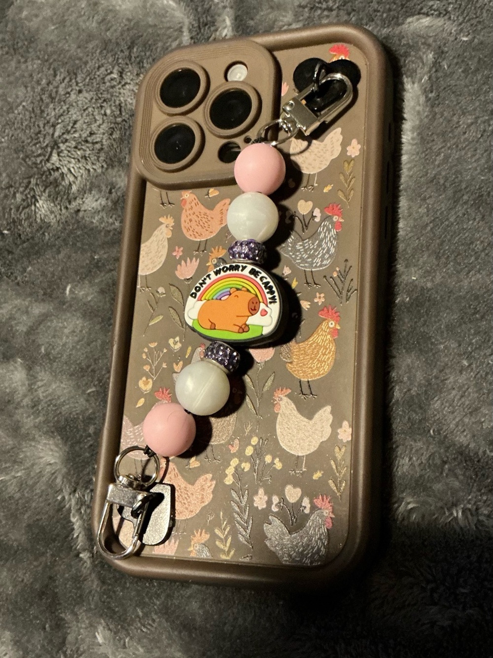 Cute Pink and White Beaded Capybara Phone Charm Wrist Strap